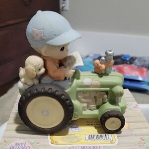 Precious Moment Charming Green Tractor Toy with Puppy Qith Box